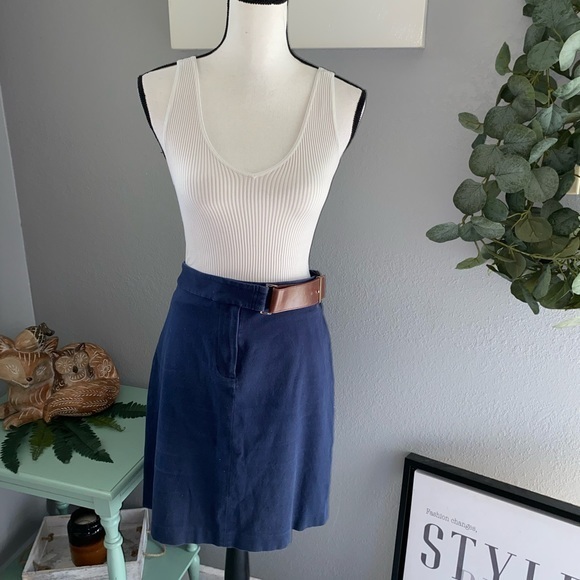 Brooks Brothers Women’s size 14 Blue Skirt Faux Brown Belt Zipper Button GUC - Picture 1 of 14